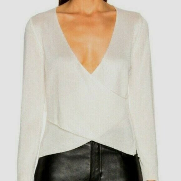 Michelle Mason Metallic Cross Wrap Silver Sweater Blouse - Picture 3 of 8